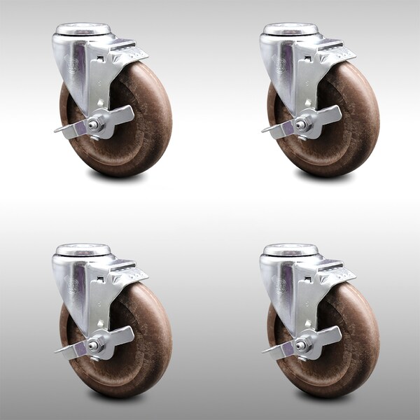 4 Inch SS High Temp Glass Filled Nylon Swivel Bolt Hole Caster Set with Brake